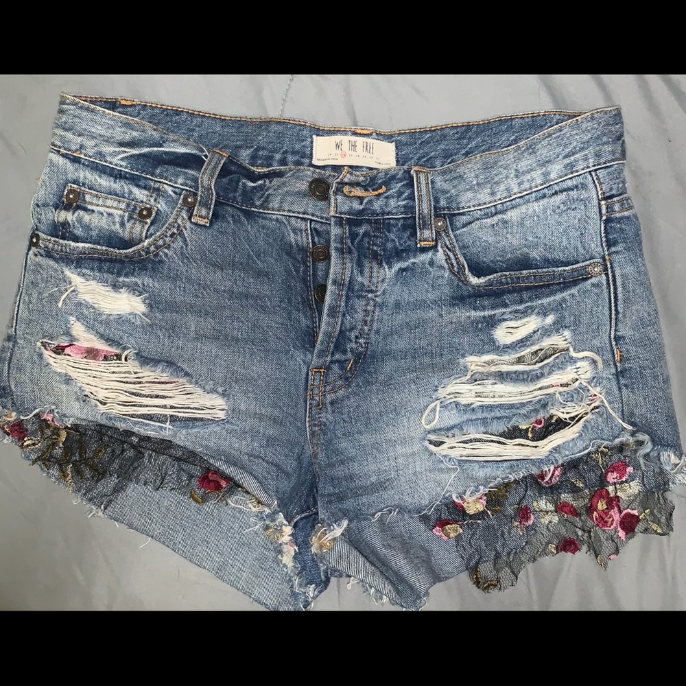 Distressed Floral Denim Shorts